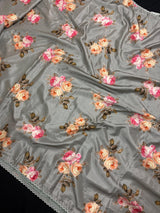Slate Grey Lucknowi Banarasi saree in soft satin silk with floral print with lucknowi embroidery & crochet lace — Kaash Collection