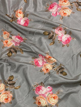 Slate Grey Lucknowi Banarasi saree in soft satin silk with floral print with lucknowi embroidery & crochet lace — Kaash Collection