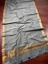 Slate Grey Cotton Tissue saree in cotton with floral embroidery with tissue borders — Kaash Collection