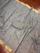 Slate Grey Cotton Tissue saree in cotton with floral embroidery with tissue borders — Kaash Collection