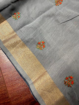 Slate Grey Cotton Tissue saree in cotton with floral embroidery with tissue borders — Kaash Collection
