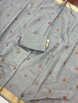 Slate Grey Cotton Tissue saree in cotton with floral embroidery with tissue borders — Kaash Collection