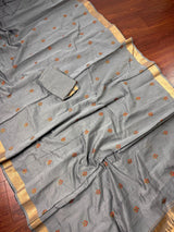 Slate Grey Cotton Tissue saree in cotton with floral embroidery with tissue borders — Kaash Collection