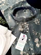 Slate Grey men's kurta pajama in cotton silk with floral digital prints — Kaash Collection