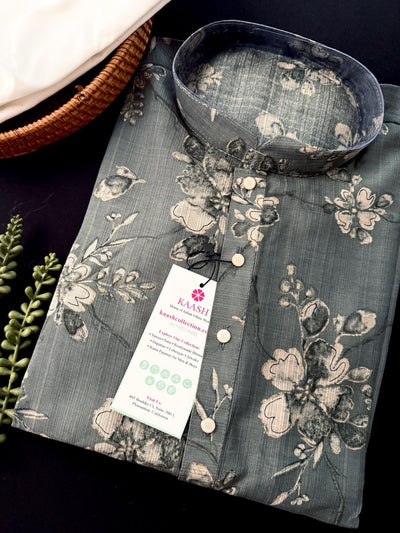 Slate Grey men's kurta pajama in cotton silk with floral digital prints — Kaash Collection