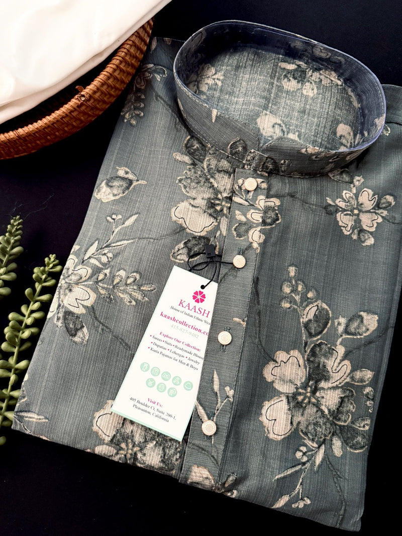 Slate Grey men's kurta pajama in cotton silk with floral digital prints — Kaash Collection