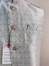Silver Grey men's Nehru/Modi jacket in raw silk with zari buttis weaving — Kaash Collection