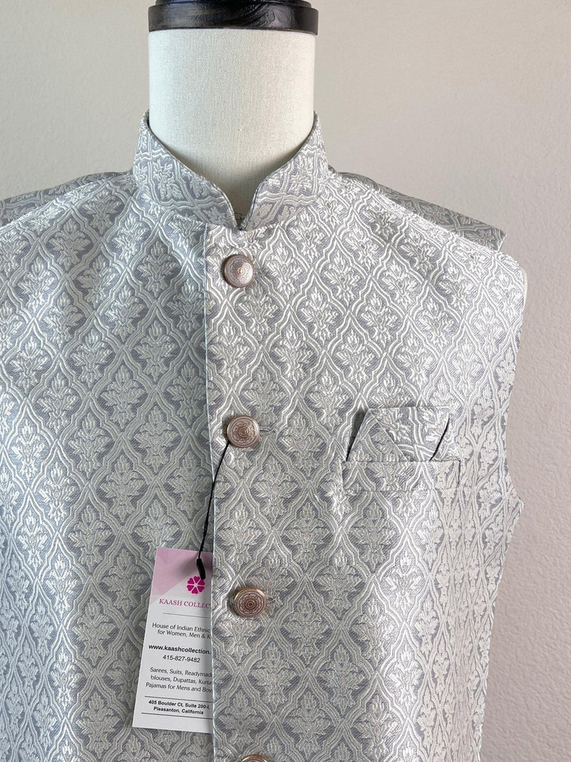 Silver Grey men's Nehru/Modi jacket in raw silk with zari buttis weaving — Kaash Collection