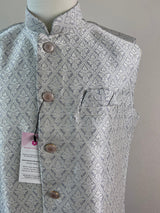 Silver Grey men's Nehru/Modi jacket in raw silk with zari buttis weaving — Kaash Collection
