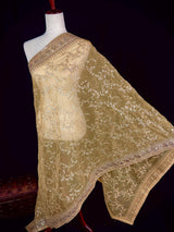 Beige soft organza silk dupatta with muted gold zari, embroidery & sequins — Kaash Collection