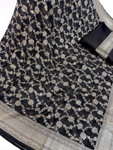 Statement Black banarasi semi chiffon georgette silk saree with muted silver zari weave — Kaash Collection
