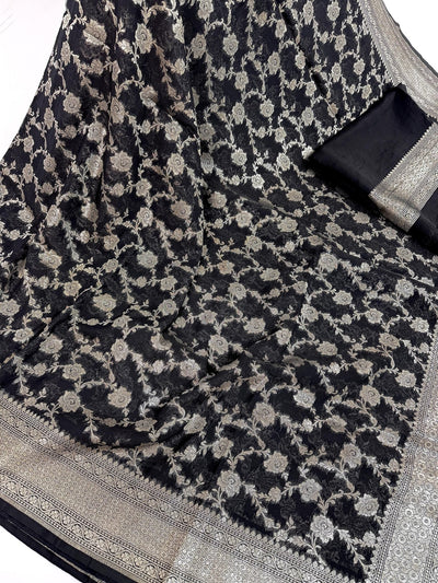 Statement Black Color Banarasi Semi Chiffon Georgette Silk Saree with Muted Sliver Zari Weave - Kaash