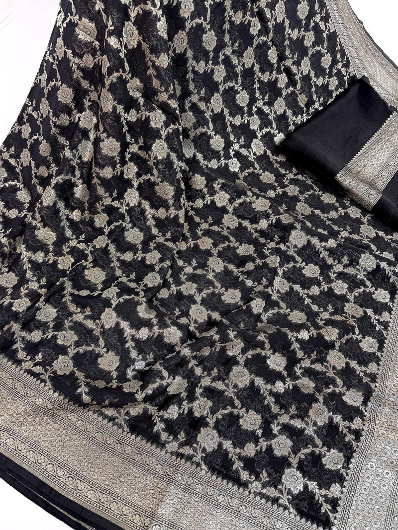 Statement Black banarasi semi chiffon georgette silk saree with muted silver zari weave — Kaash Collection