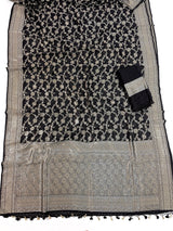 Statement Black banarasi semi chiffon georgette silk saree with muted silver zari weave — Kaash Collection