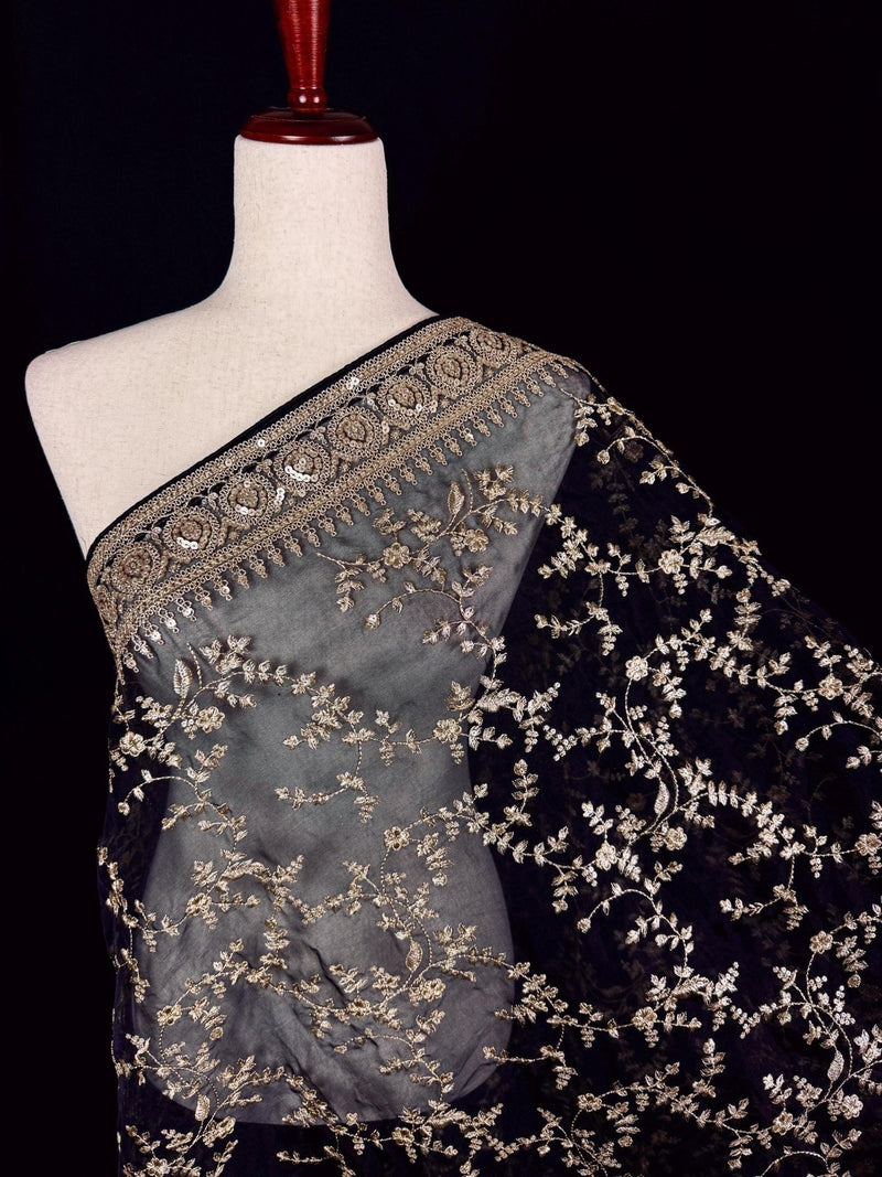 Black soft organza silk dupatta with muted gold zari, embroidery & sequin — Kaash Collection