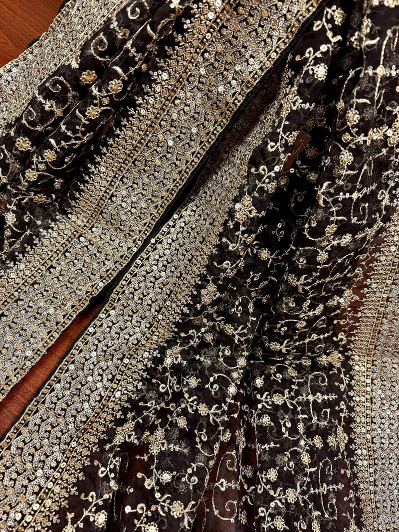 Black soft organza silk dupatta with muted gold zari, embroidery & sequin jaal — Kaash Collection