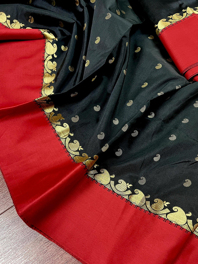 Statement Black Color Saree with Red Color Satin Patta border - Kaash
