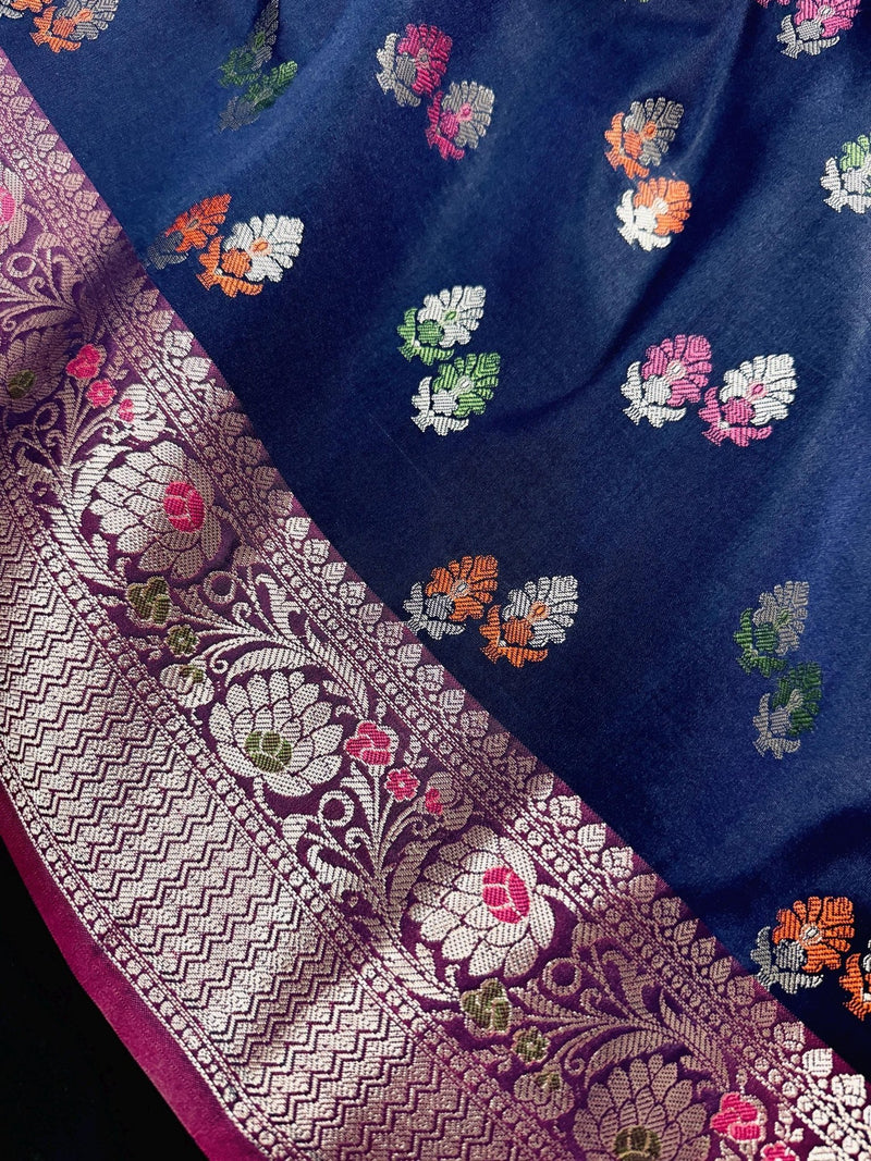 Blue Banarasi saree in banarasi semi katan silk with meenakari with silver zari weave — Kaash Collection