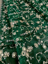 Statement Bottle Green Color Organza Silk Dupatta with Muted Gold Zari, Embroidery and Sequin - Kaash