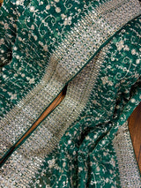 Statement Bottle Green Color Organza Silk Dupatta with Muted Gold Zari, Embroidery and Sequin - Kaash