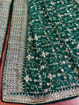 Statement Bottle Green Color Organza Silk Dupatta with Muted Gold Zari, Embroidery and Sequin - Kaash
