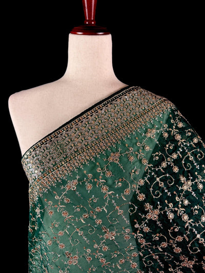 Bottle Green soft organza silk dupatta with muted gold zari, embroidery & sequin — Kaash Collection