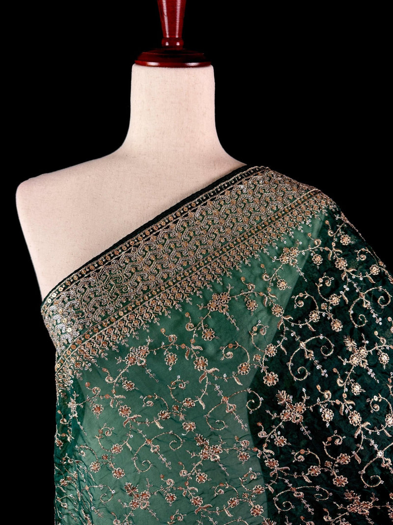 Bottle Green soft organza silk dupatta with muted gold zari, embroidery & sequin — Kaash Collection