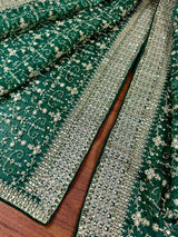 Statement Bottle Green Color Organza Silk Dupatta with Muted Gold Zari, Embroidery and Sequin - Kaash