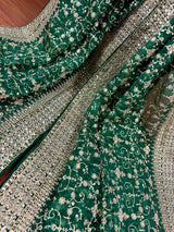 Statement Bottle Green Color Organza Silk Dupatta with Muted Gold Zari, Embroidery and Sequin - Kaash