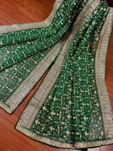 Statement Bottle Green Color Organza Silk Dupatta with Muted Gold Zari, Embroidery and Sequin - Kaash