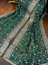 Statement Bottle Green Color Organza Silk Dupatta with Muted Gold Zari, Embroidery and Sequin - Kaash