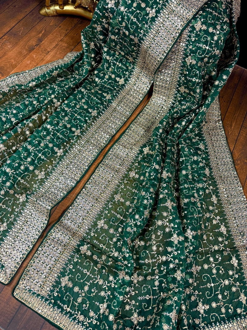 Statement Bottle Green Color Organza Silk Dupatta with Muted Gold Zari, Embroidery and Sequin - Kaash