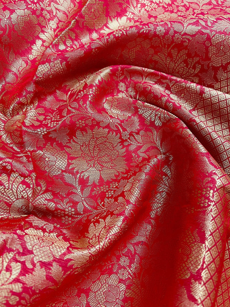 Bright Pink Banarasi Soft Silk saree in banarasi soft silk with floral jaal with big chakra design border — Kaash Collection