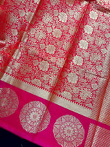 Bright Pink Banarasi Soft Silk saree in banarasi soft silk with floral jaal with big chakra design border — Kaash Collection
