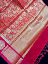 Bright Pink Banarasi Soft Silk saree in banarasi soft silk with floral jaal with big chakra design border — Kaash Collection