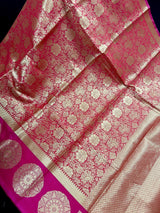 Bright Pink Banarasi Soft Silk saree in banarasi soft silk with floral jaal with big chakra design border — Kaash Collection