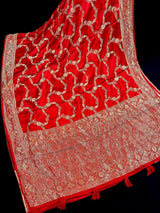 Bright Red Banarasi saree in pure banarasi satin with handwoven gold zari weaving — Kaash Collection