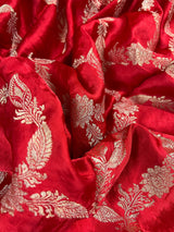 Bright Red Banarasi saree in pure banarasi satin with handwoven gold zari weaving — Kaash Collection