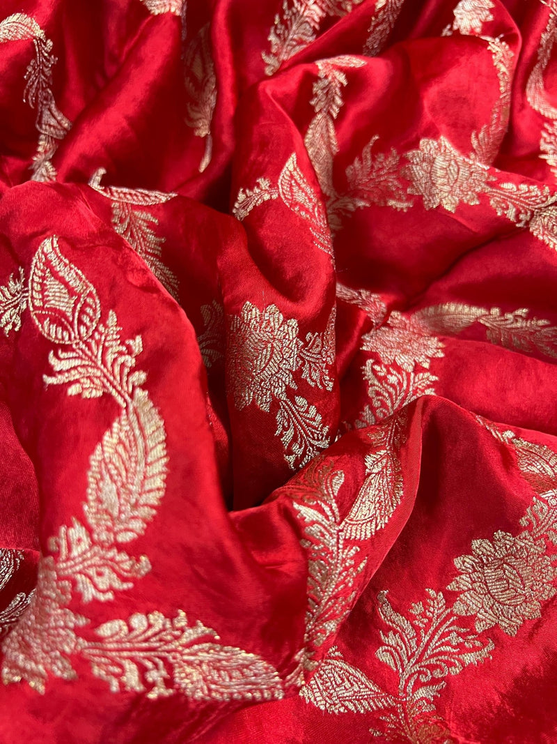 Bright Red Banarasi saree in pure banarasi satin with handwoven gold zari weaving — Kaash Collection