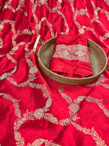 Bright Red Banarasi saree in pure banarasi satin with handwoven gold zari weaving — Kaash Collection