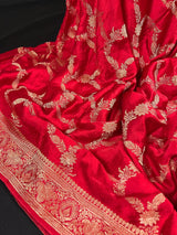 Bright Red Banarasi saree in pure banarasi satin with handwoven gold zari weaving — Kaash Collection