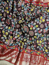 Chocolate Brown Kalamkari Banarasi saree in soft crepe with kalamkari prints with banarasi borders — Kaash Collection