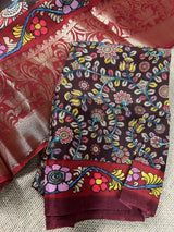 Chocolate Brown Kalamkari Banarasi saree in soft crepe with kalamkari prints with banarasi borders — Kaash Collection