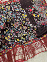 Chocolate Brown Kalamkari Banarasi saree in soft crepe with kalamkari prints with banarasi borders — Kaash Collection