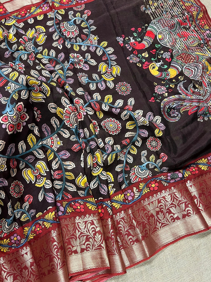 Chocolate Brown Kalamkari Banarasi saree in soft crepe with kalamkari prints with banarasi borders — Kaash Collection