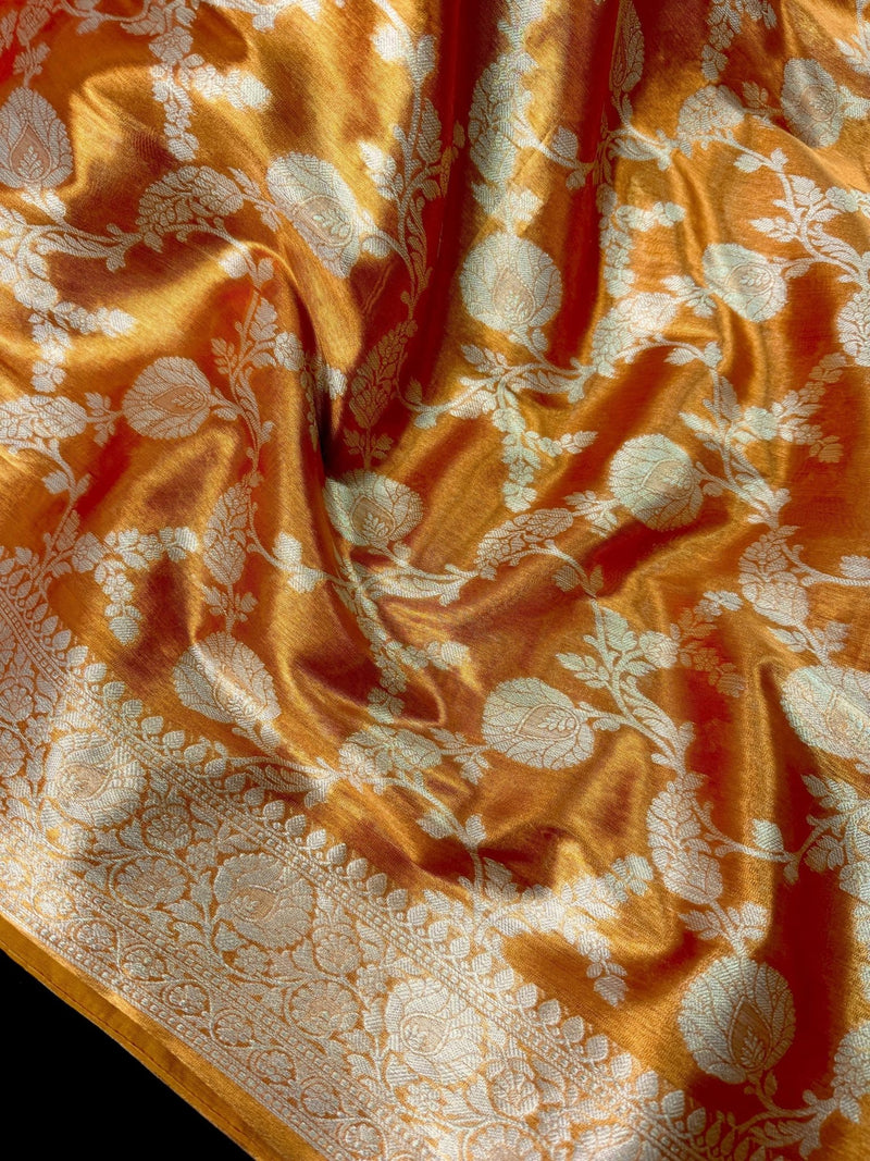 Copper Banarasi Soft Satin Tissue saree in banarasi soft satin tissue silk with muted gold zari floral jaal weave — Kaash Collection
