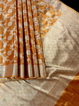 Copper Banarasi Soft Satin Tissue saree in banarasi soft satin tissue silk with muted gold zari floral jaal weave — Kaash Collection