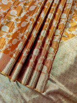Copper Banarasi Soft Satin Tissue saree in banarasi soft satin tissue silk with muted gold zari floral jaal weave — Kaash Collection