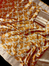 Copper Banarasi Soft Satin Tissue saree in banarasi soft satin tissue silk with muted gold zari floral jaal weave — Kaash Collection
