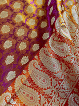 Copper Pink with Red Borders Banarasi saree in banarasi tanchoi silk with tanchoi half-and-half with buttis — Kaash Collection